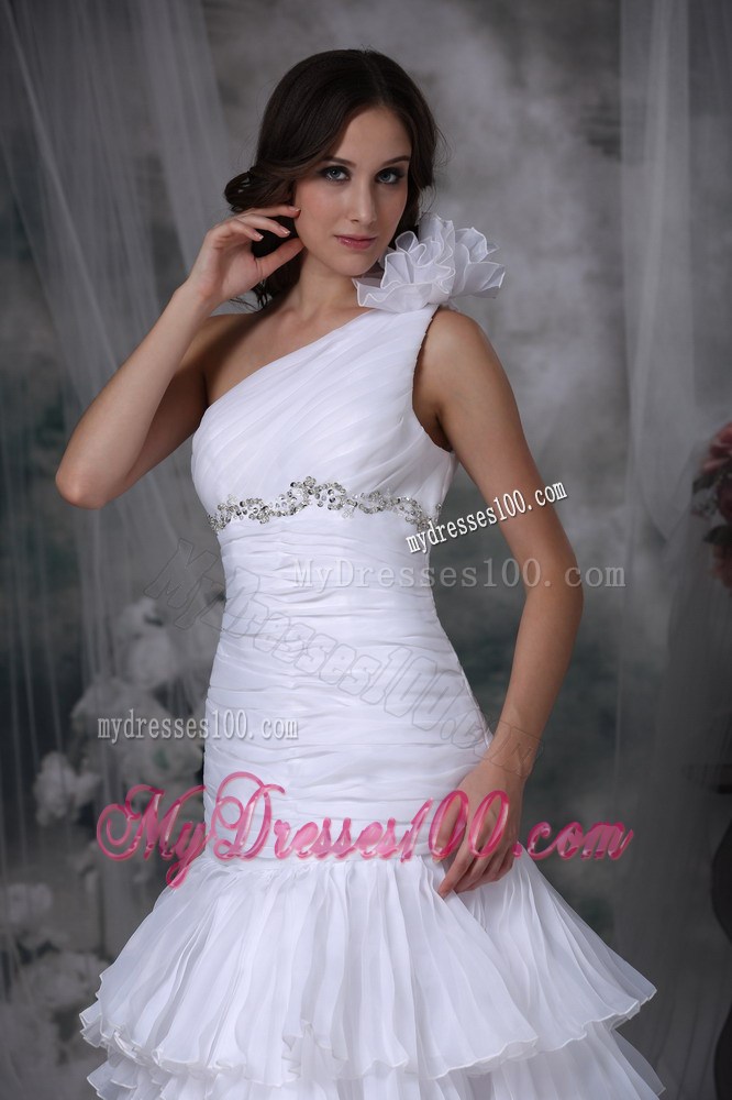 One Shoulder Ruffle Layers White Dress for Wedding with Beading and Ruche