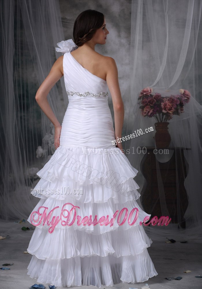 One Shoulder Ruffle Layers White Dress for Wedding with Beading and Ruche