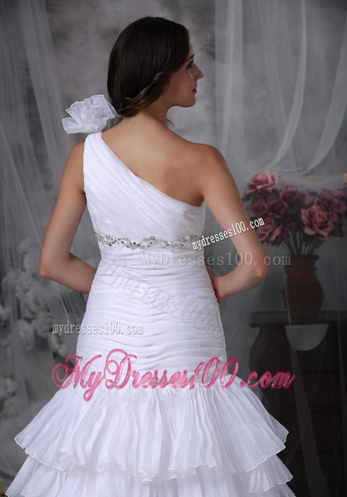 One Shoulder Ruffle Layers White Dress for Wedding with Beading and Ruche