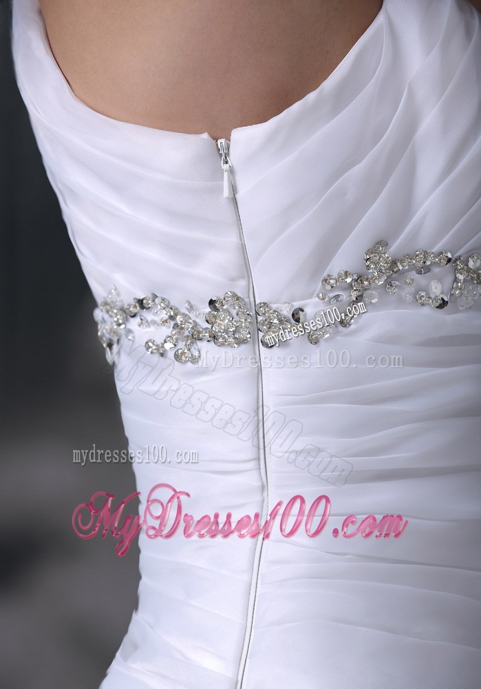 One Shoulder Ruffle Layers White Dress for Wedding with Beading and Ruche