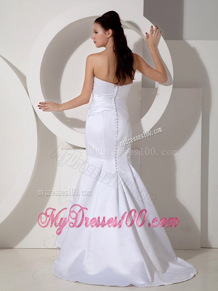 Button Down Back Brush Train Trumpet Wedding Dress with Beaded Sash