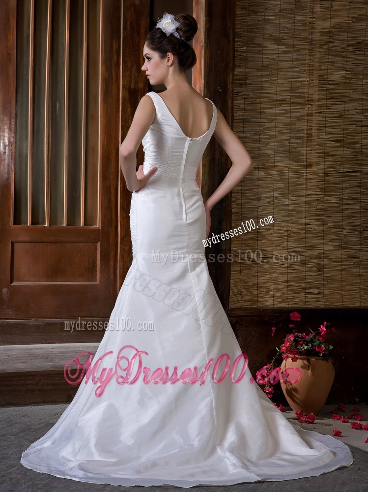 Elegant V-neck Straps Mermaid White Wedding Dress with Beading