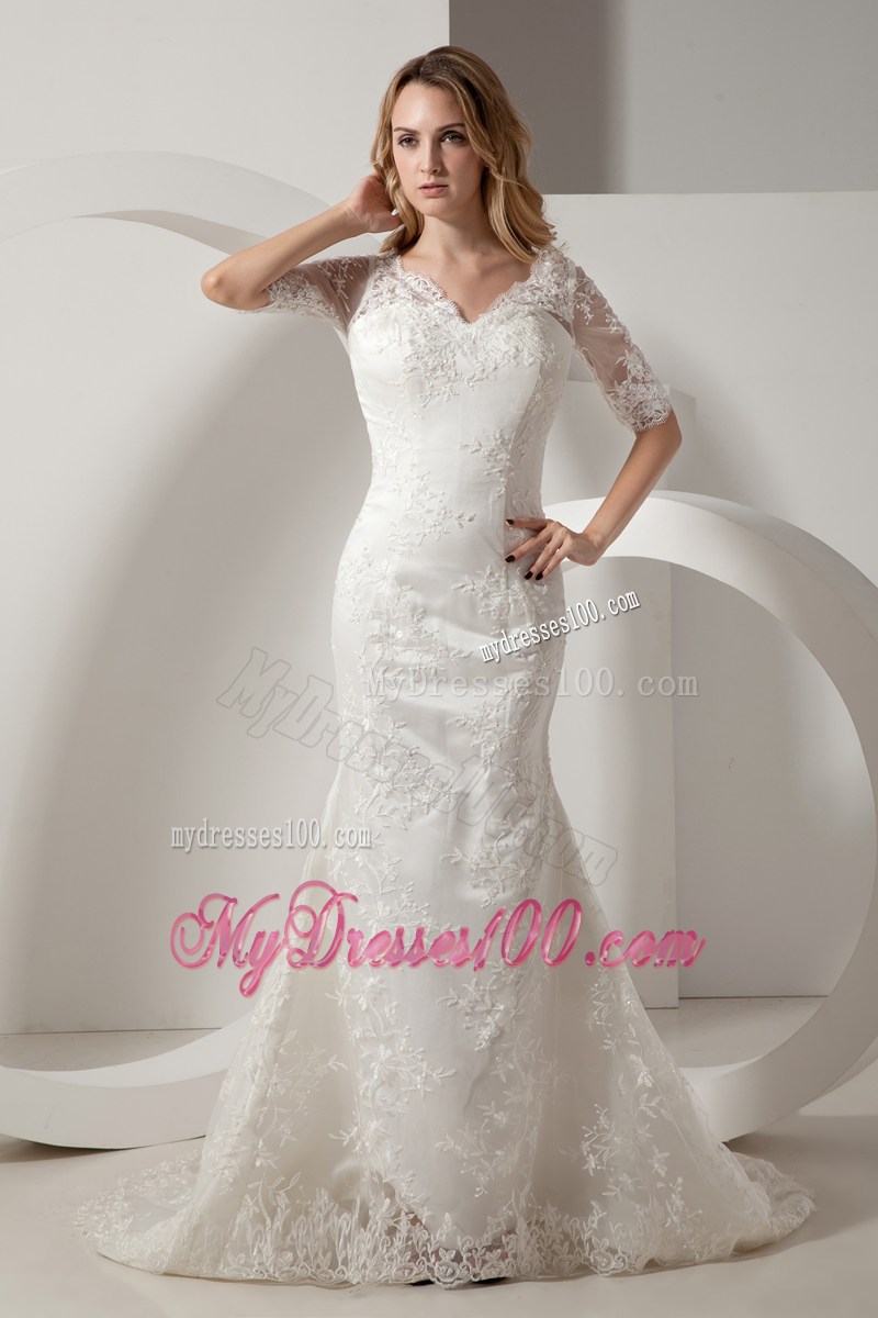 Elegant Mermaid V-neck Church Wedding Dress with Half Sleeves