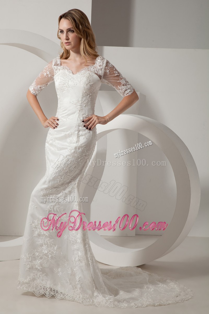 Elegant Mermaid V-neck Church Wedding Dress with Half Sleeves