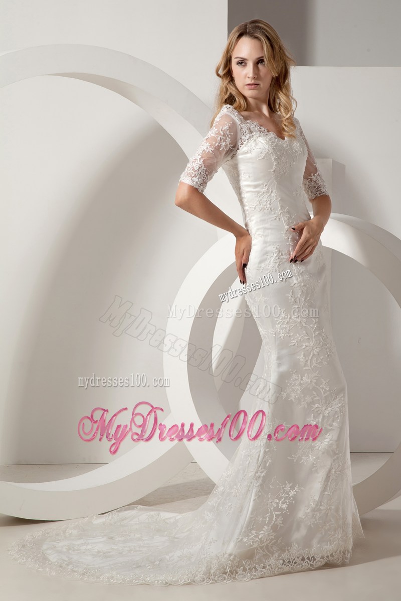 Elegant Mermaid V-neck Church Wedding Dress with Half Sleeves