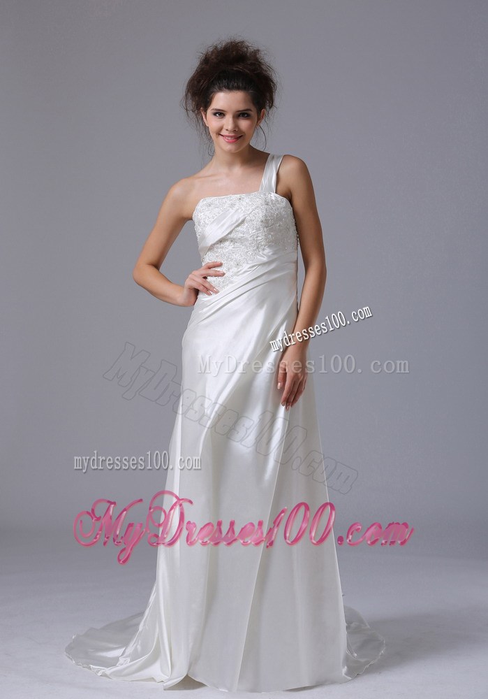 One Shoulder Column Lace-up Back White Wedding Dress with Ruffles