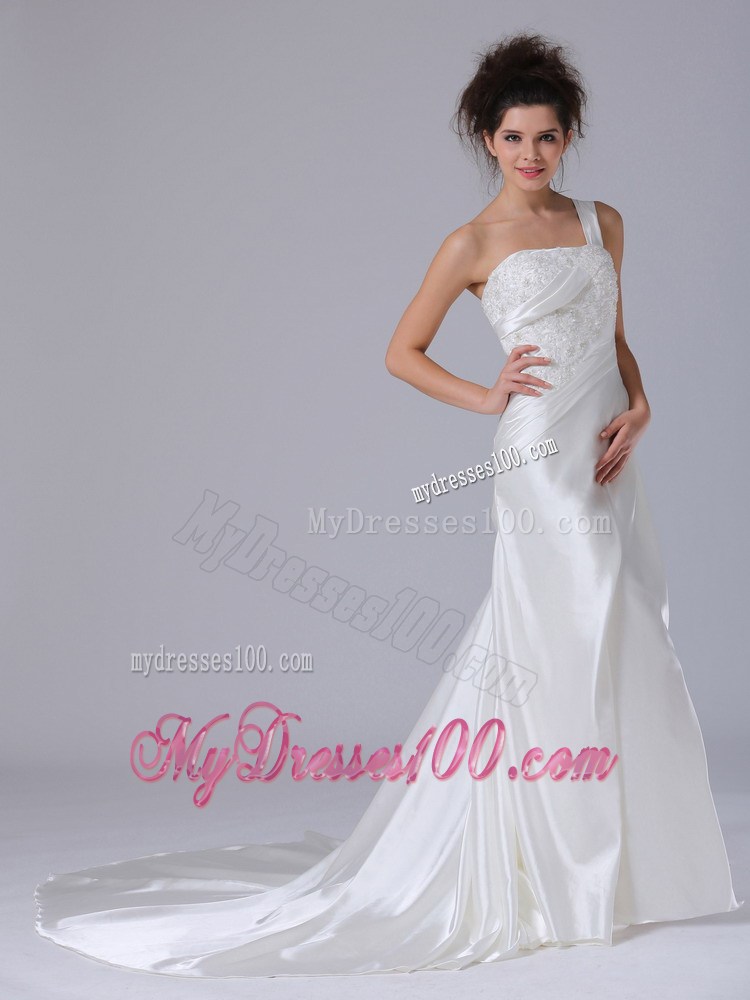 One Shoulder Column Lace-up Back White Wedding Dress with Ruffles