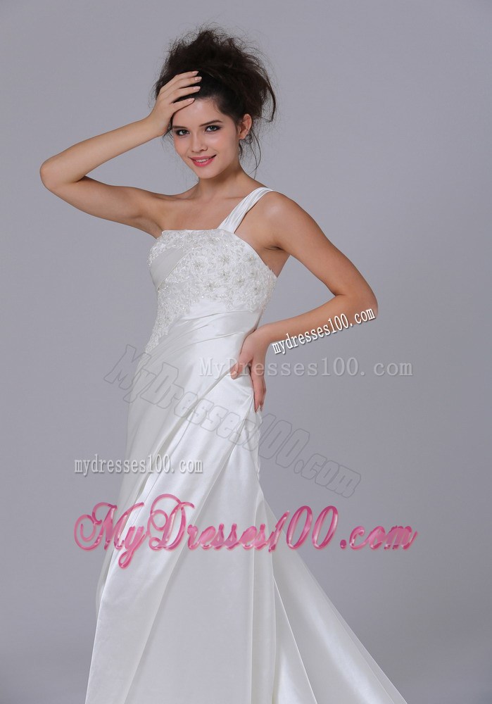 One Shoulder Column Lace-up Back White Wedding Dress with Ruffles