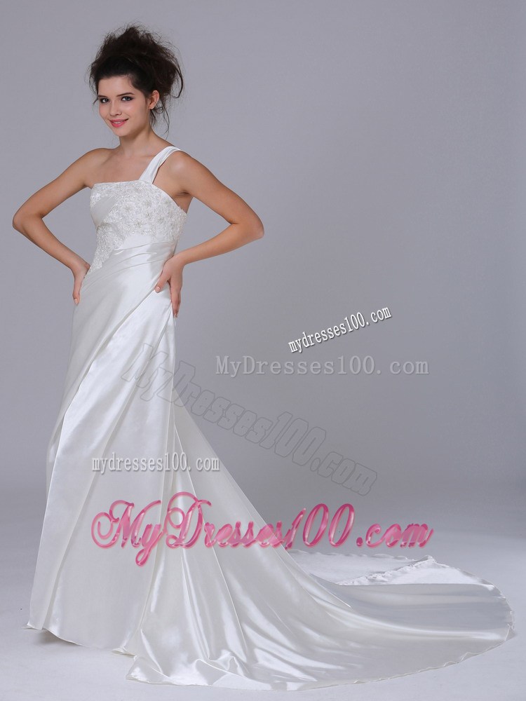 One Shoulder Column Lace-up Back White Wedding Dress with Ruffles