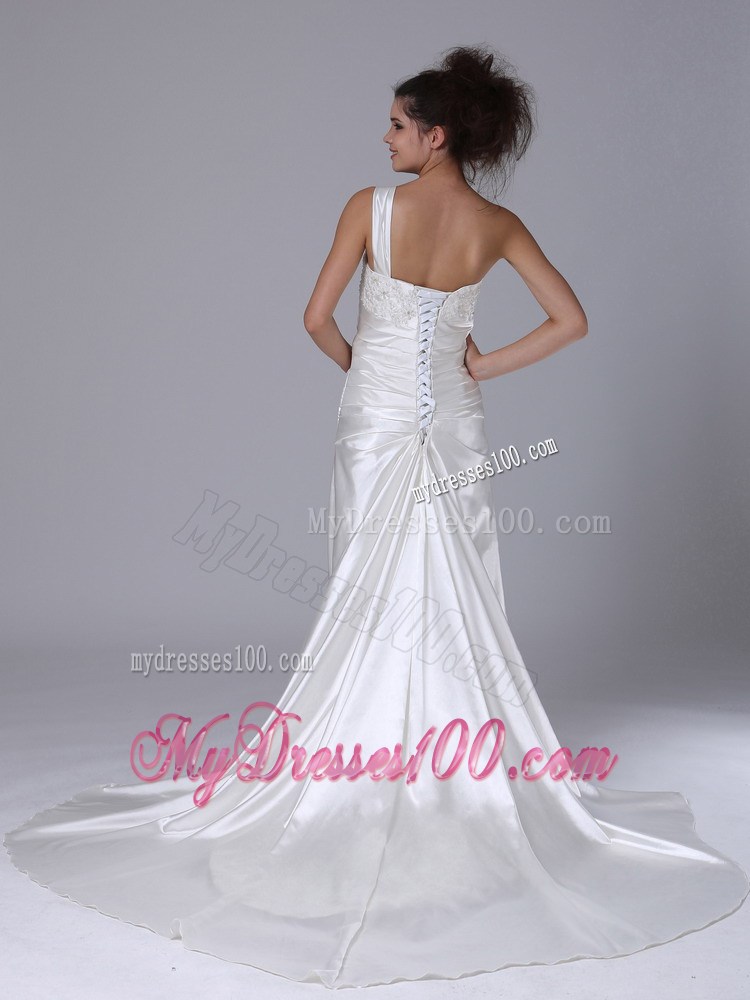One Shoulder Column Lace-up Back White Wedding Dress with Ruffles