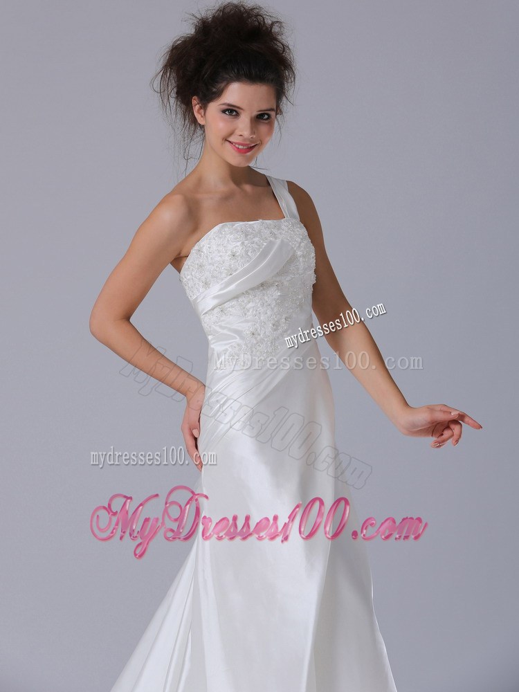 One Shoulder Column Lace-up Back White Wedding Dress with Ruffles