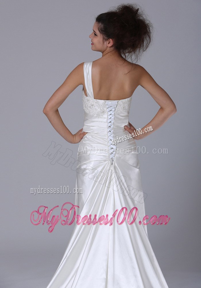 One Shoulder Column Lace-up Back White Wedding Dress with Ruffles