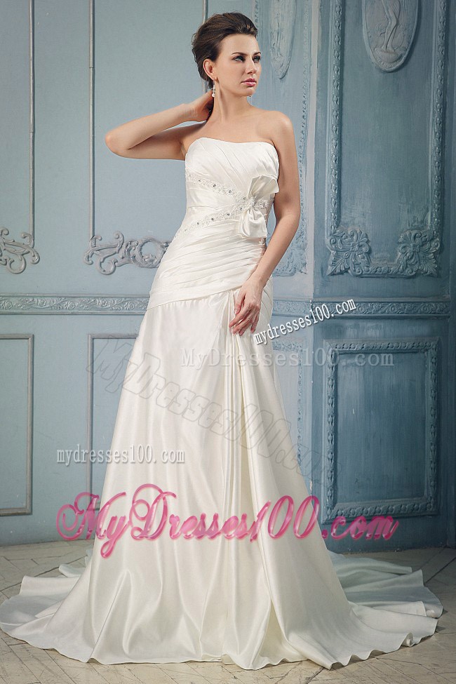 Beaded Appliques and Ruches Accent Chapel Train Bridal Gown with Bow