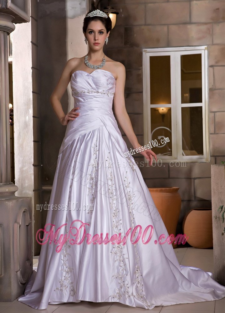A-line Strapless Lilac Wedding Dress Chapel Train with Appliques Ruffles