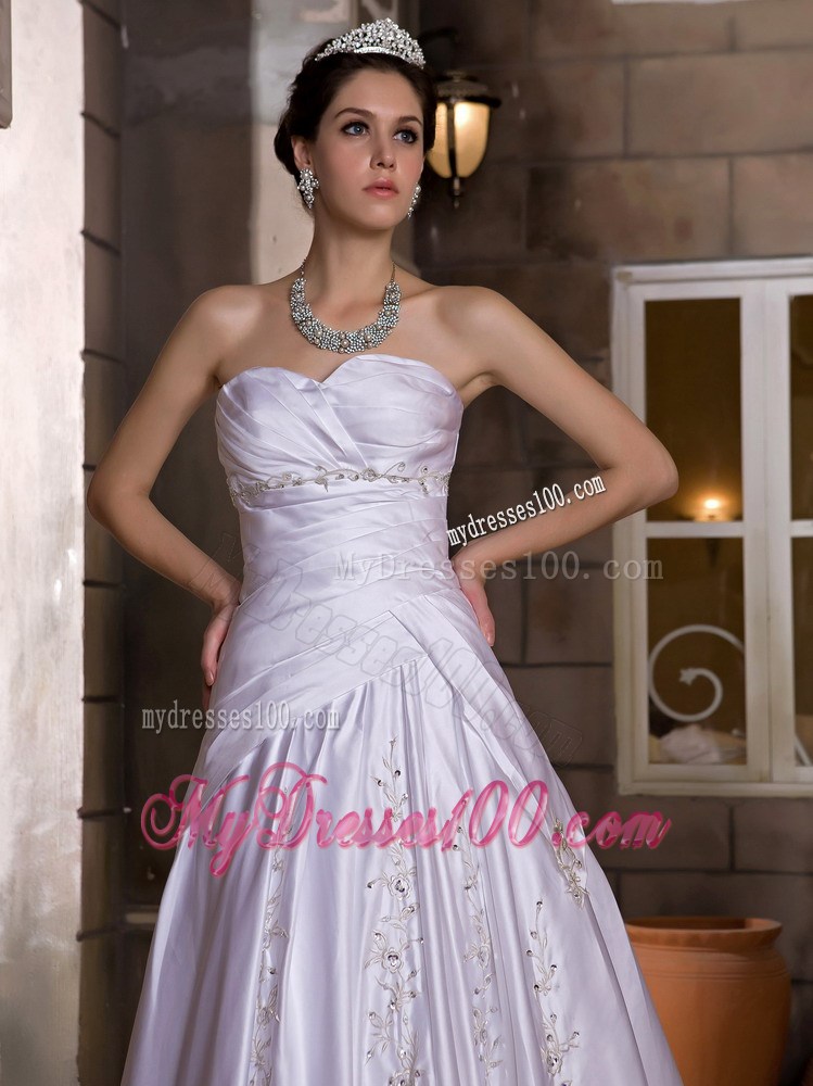 A-line Strapless Lilac Wedding Dress Chapel Train with Appliques Ruffles