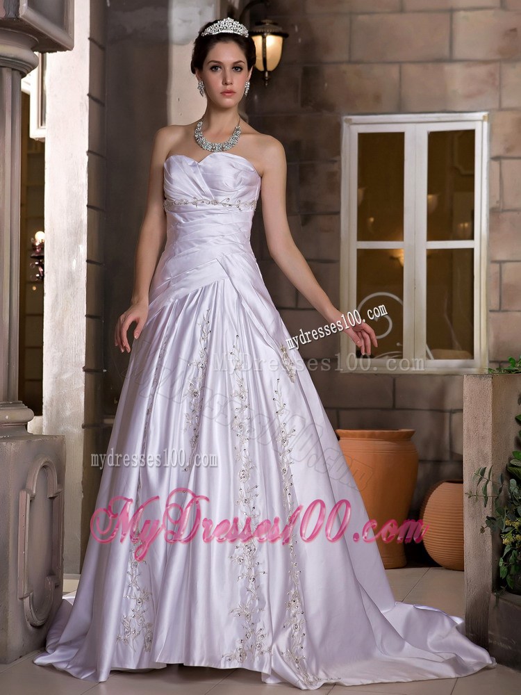 A-line Strapless Lilac Wedding Dress Chapel Train with Appliques Ruffles