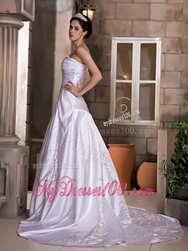 A-line Strapless Lilac Wedding Dress Chapel Train with Appliques Ruffles