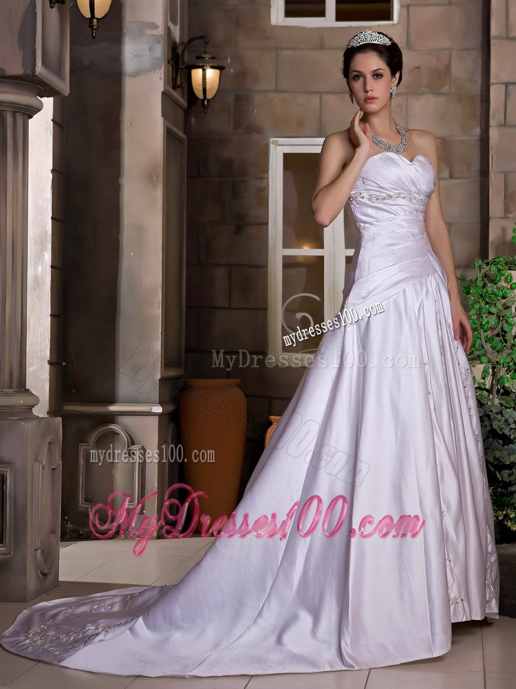 A-line Strapless Lilac Wedding Dress Chapel Train with Appliques Ruffles