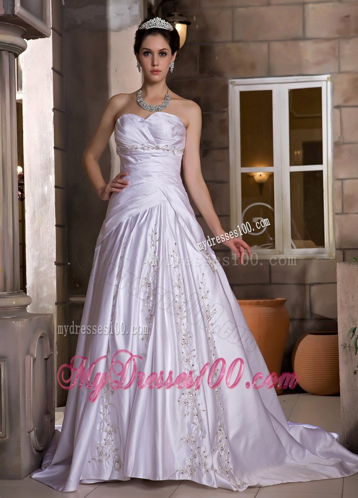 A-line Strapless Lilac Wedding Dress Chapel Train with Appliques Ruffles