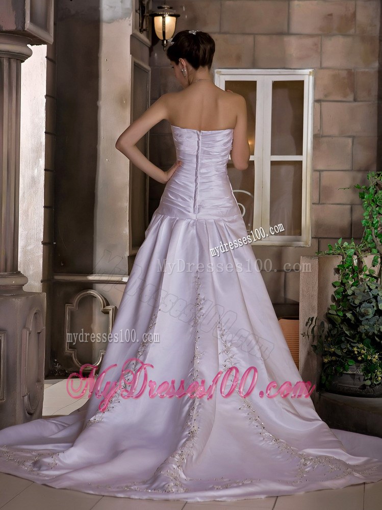A-line Strapless Lilac Wedding Dress Chapel Train with Appliques Ruffles