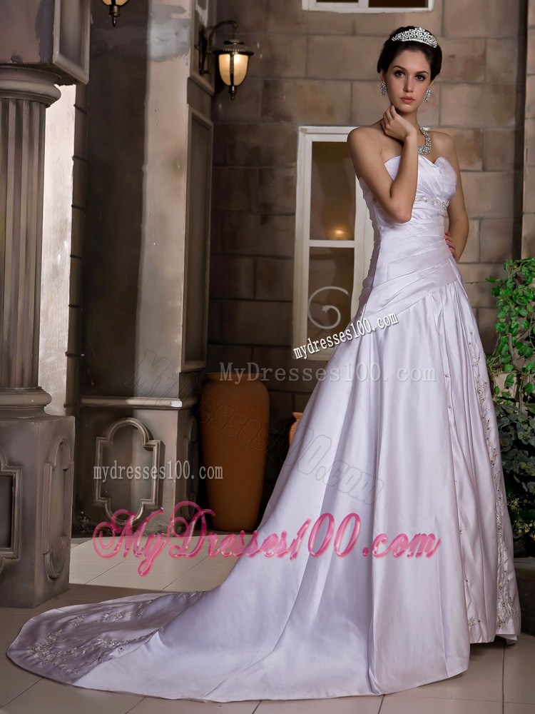 A-line Strapless Lilac Wedding Dress Chapel Train with Appliques Ruffles