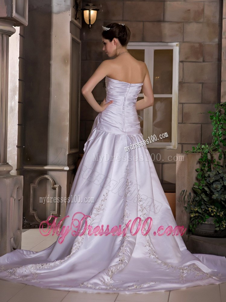 A-line Strapless Lilac Wedding Dress Chapel Train with Appliques Ruffles