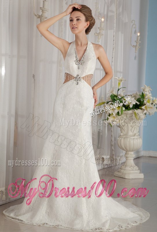Exclusive Trumpet Halter Watteau Train Rhinestone Wedding Dress