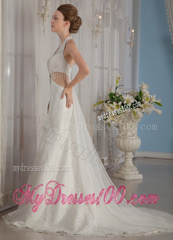 Exclusive Trumpet Halter Watteau Train Rhinestone Wedding Dress