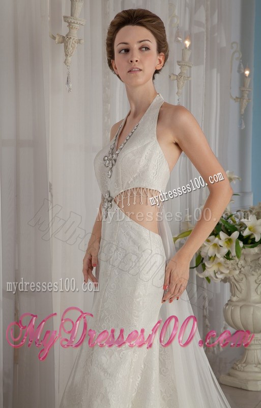 Exclusive Trumpet Halter Watteau Train Rhinestone Wedding Dress