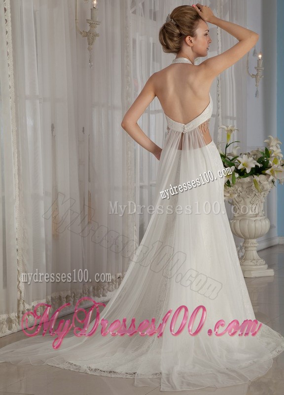 Exclusive Trumpet Halter Watteau Train Rhinestone Wedding Dress