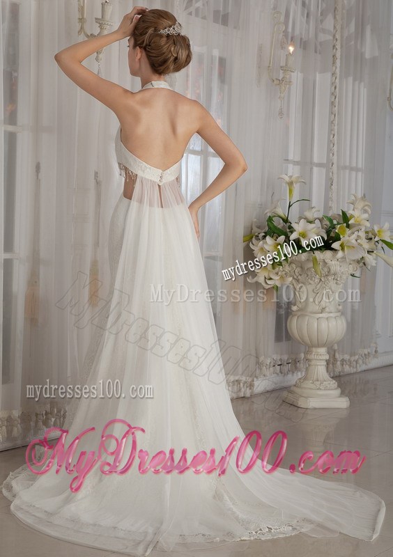 Exclusive Trumpet Halter Watteau Train Rhinestone Wedding Dress
