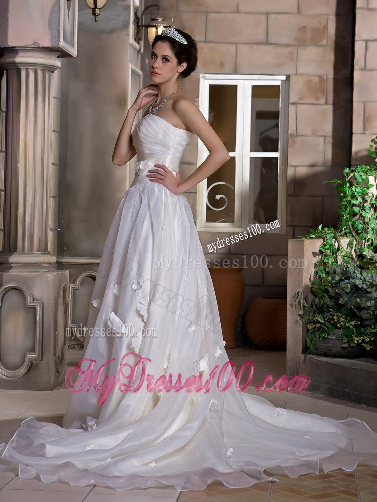 Modernistic Strapless Ruche Floral Decoration White Wedding Dress