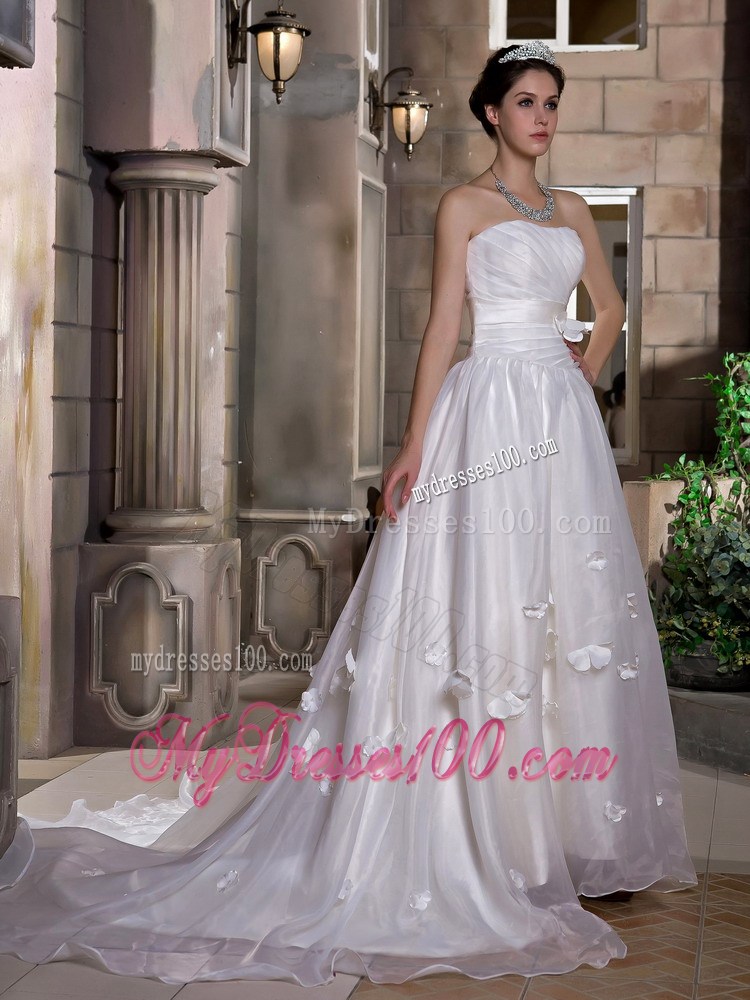 Modernistic Strapless Ruche Floral Decoration White Wedding Dress