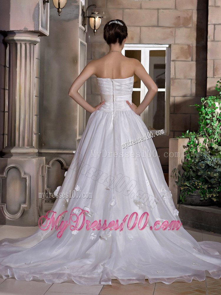 Modernistic Strapless Ruche Floral Decoration White Wedding Dress