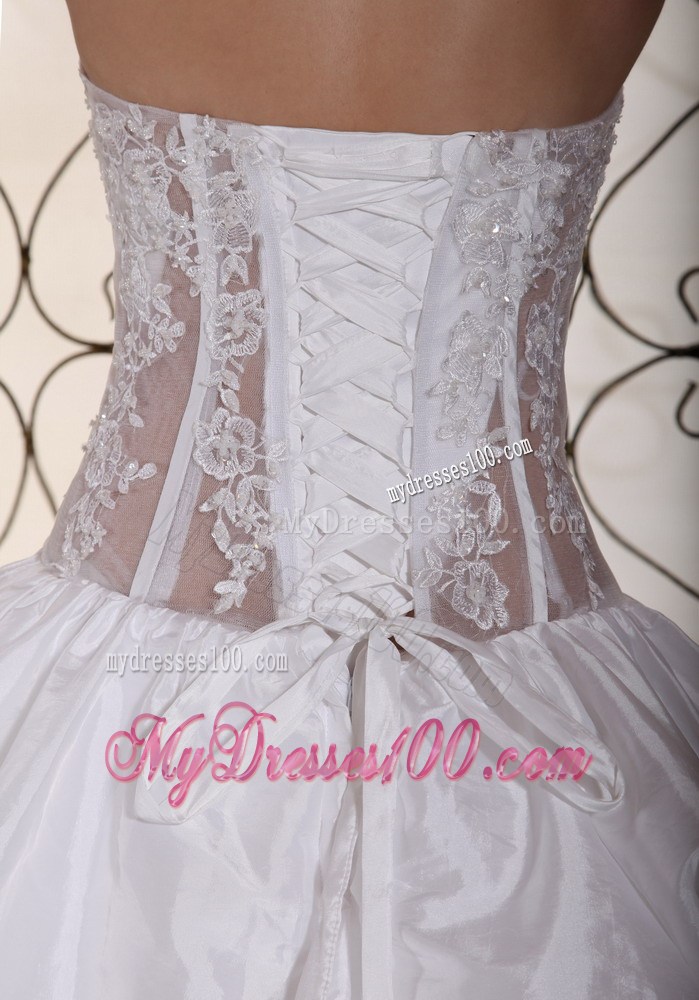 Pick-ups and Appliques Accent Bridal Gown with Sheer Waist Chapel