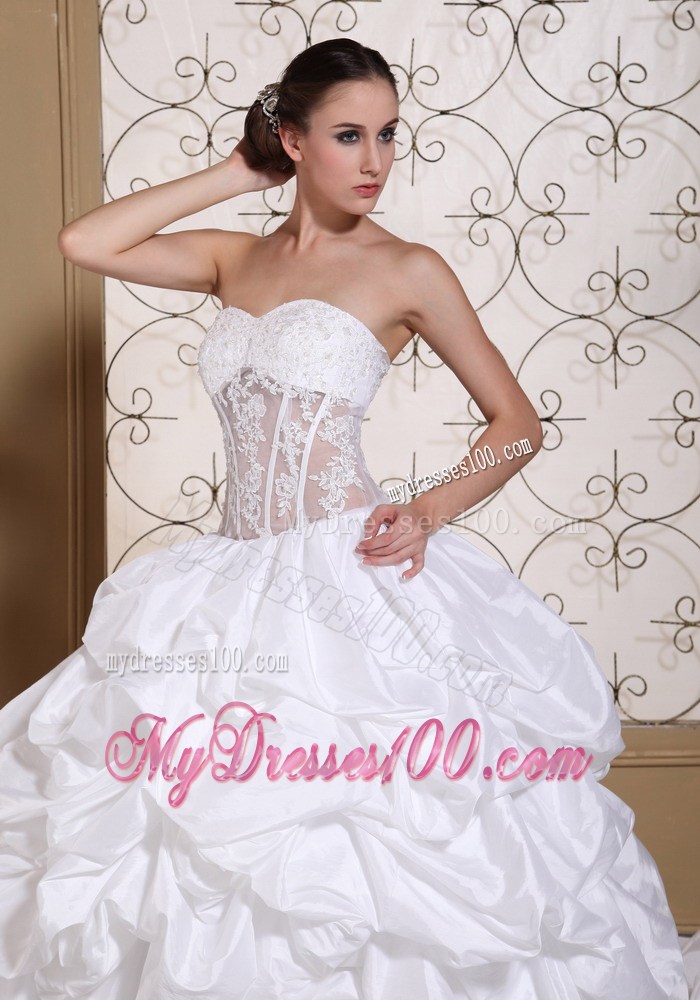 Pick-ups and Appliques Accent Bridal Gown with Sheer Waist Chapel