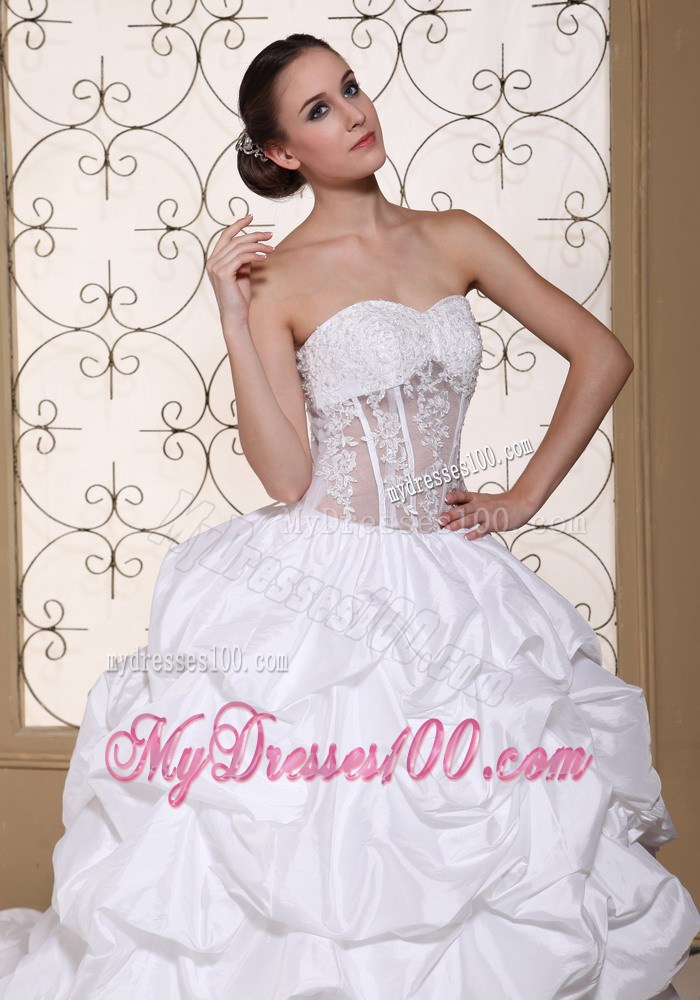 Pick-ups and Appliques Accent Bridal Gown with Sheer Waist Chapel