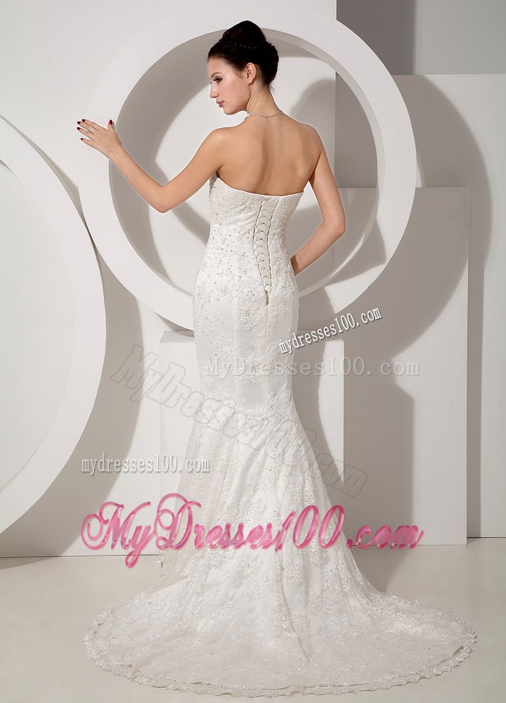 Lace-up Back Diamonds Decorated Wedding Dress with Lace Hemline