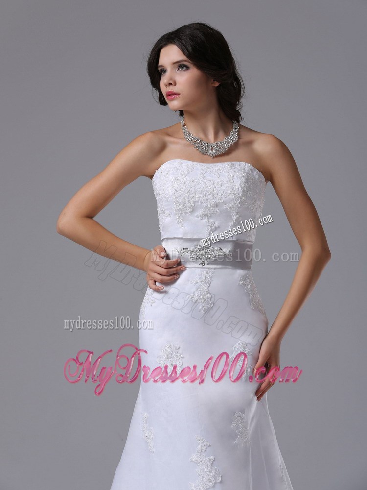White Lace Column Brush Train Wedding Gown with Beaded Silver Belt