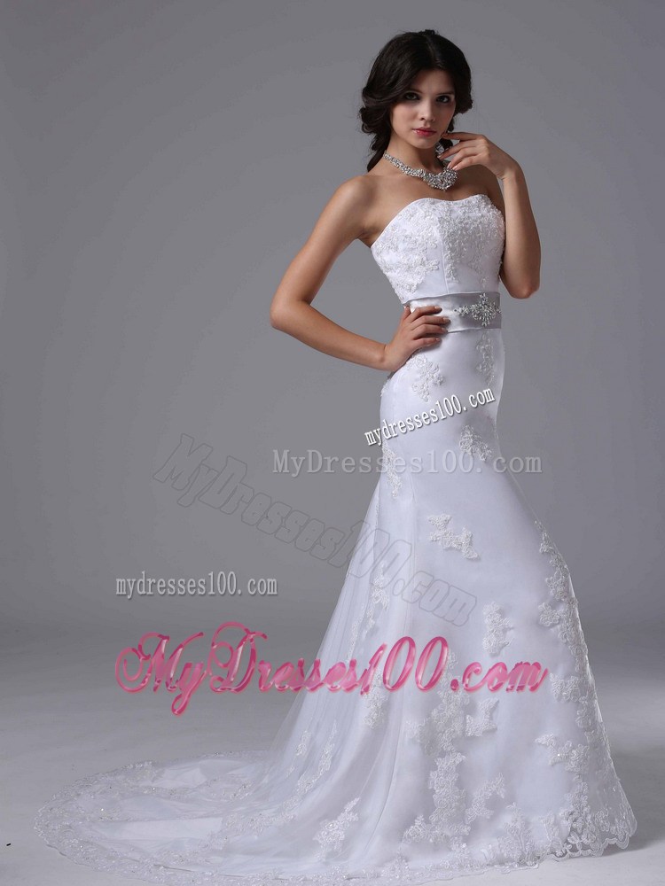 White Lace Column Brush Train Wedding Gown with Beaded Silver Belt