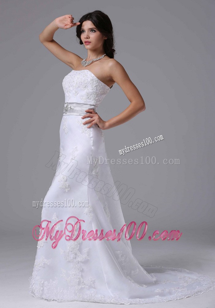 White Lace Column Brush Train Wedding Gown with Beaded Silver Belt