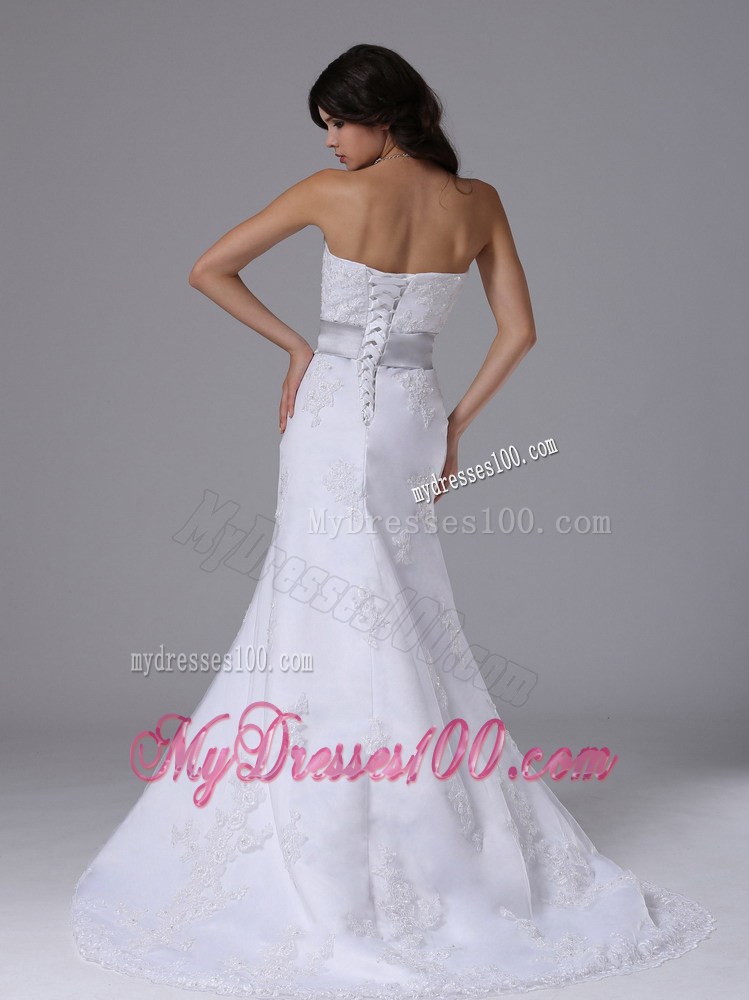 White Lace Column Brush Train Wedding Gown with Beaded Silver Belt