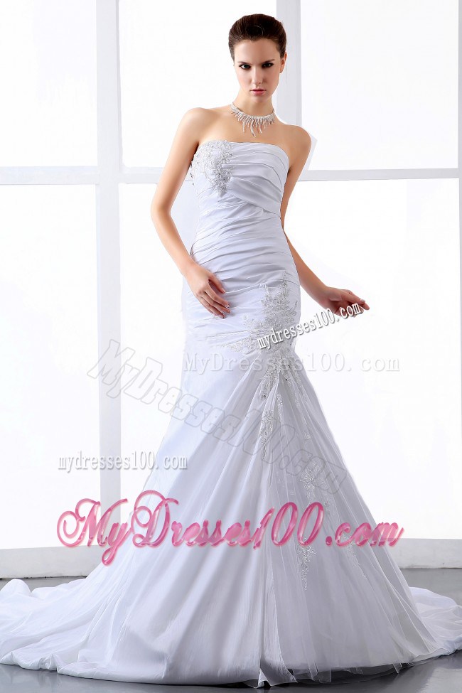 Ruched and Appliqued Strapless Chapel Train Taffeta Wedding Dress