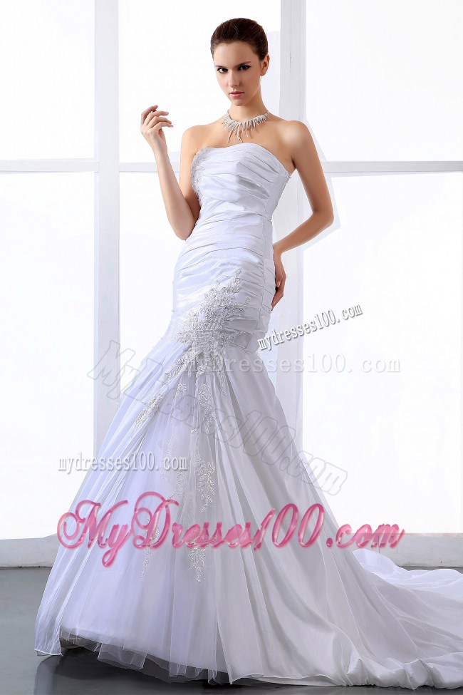 Ruched and Appliqued Strapless Chapel Train Taffeta Wedding Dress