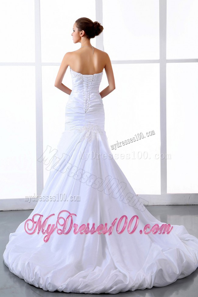 Ruched and Appliqued Strapless Chapel Train Taffeta Wedding Dress