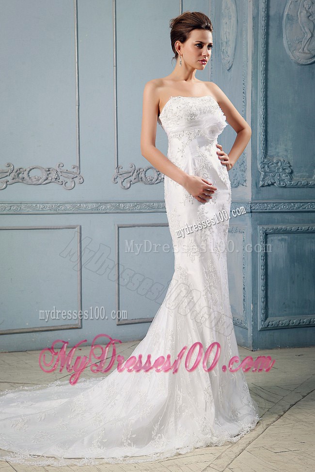Hand-made Flower Accent Mermaid Court Taffeta and Lace Bridal Gown
