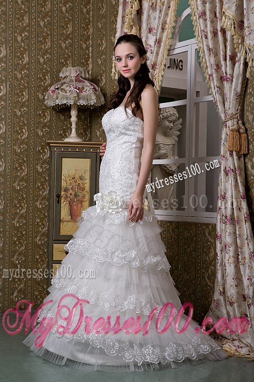 Lace and Tulle Layered Mermaid Brush Wedding Dresses with Flowers