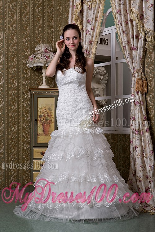 Lace and Tulle Layered Mermaid Brush Wedding Dresses with Flowers