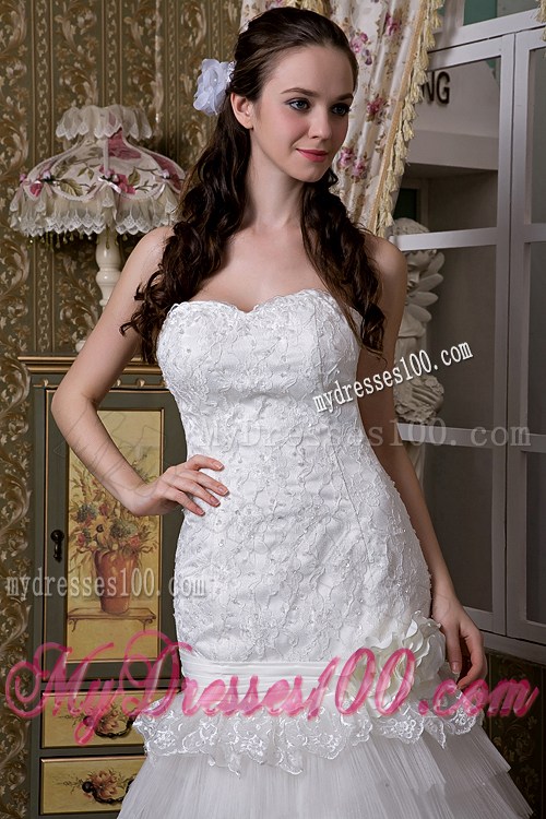 Lace and Tulle Layered Mermaid Brush Wedding Dresses with Flowers