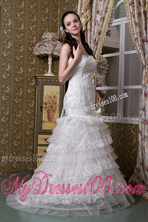 Lace and Tulle Layered Mermaid Brush Wedding Dresses with Flowers